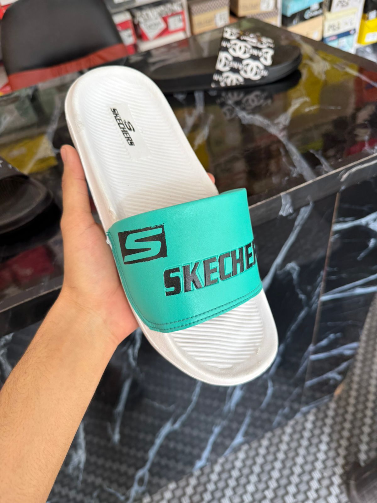 Skechers Comfort Slide Slippers White & Teal