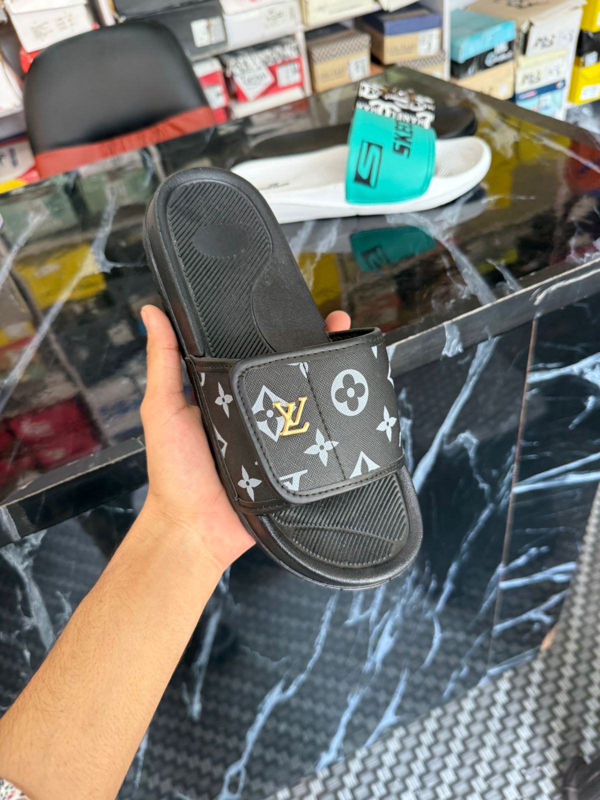 Luxury Monogram Designer Slide Slippers Black