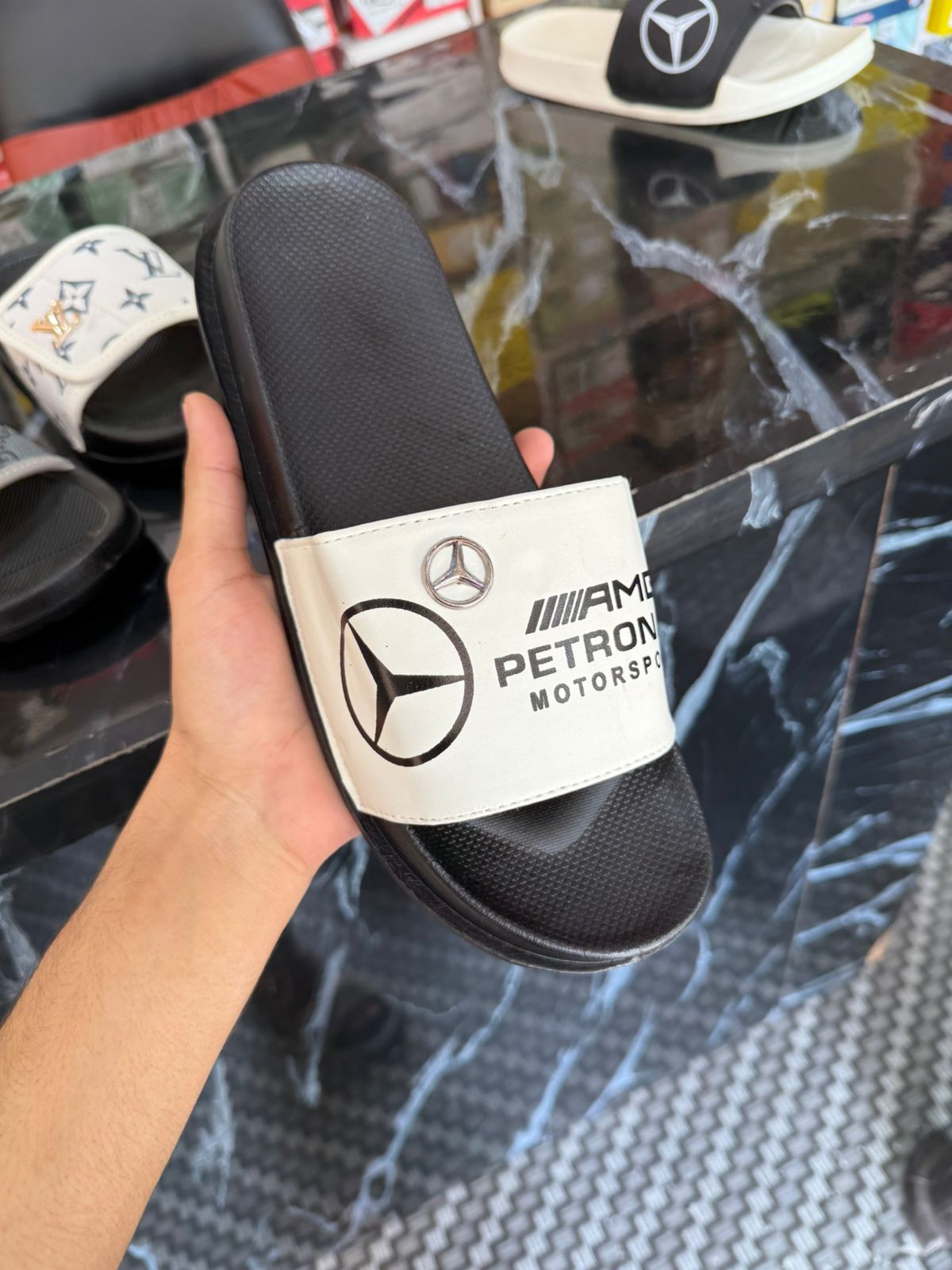 Men’s Black & White AMG Style Comfort Slides